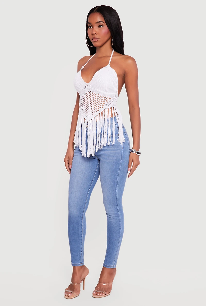 Crochet Tie Back Fringe Halter Top