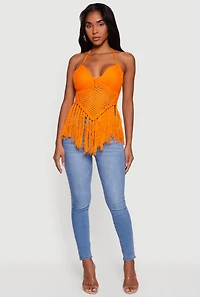 Crochet Tie Back Fringe Halter Top