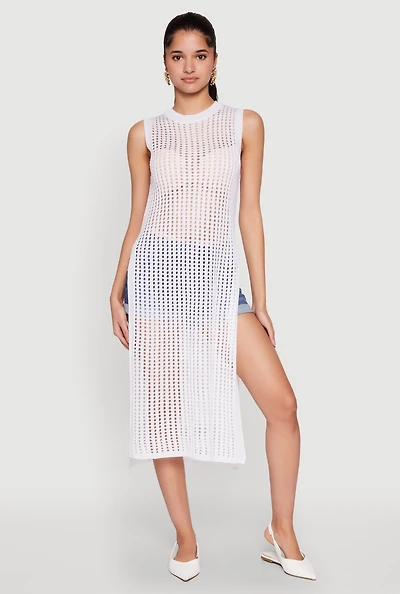 Womens Sleeveless Pointelle Knit Maxi Top, White, Size M