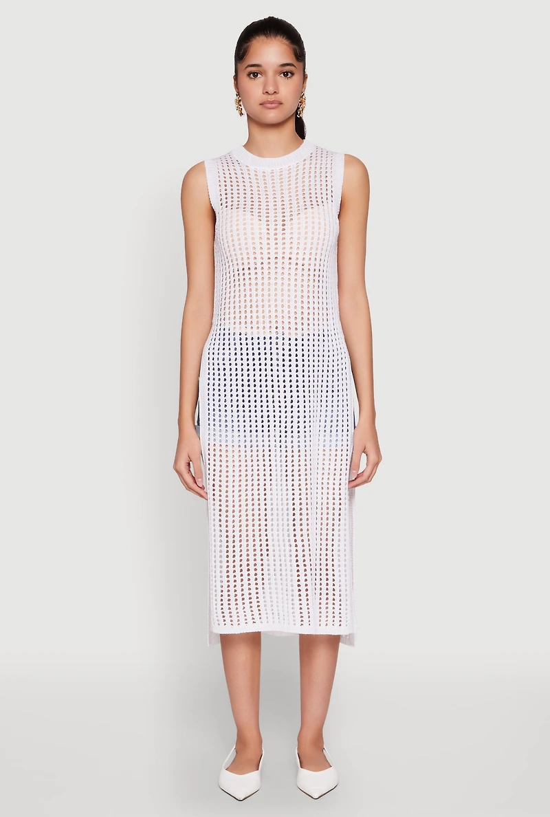 Womens Sleeveless Pointelle Knit Maxi Top, White, Size S