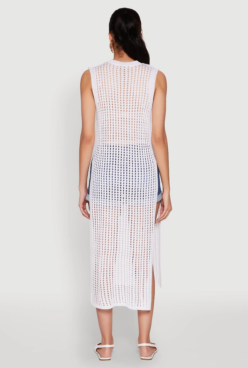 Womens Sleeveless Pointelle Knit Maxi Top, White, Size S