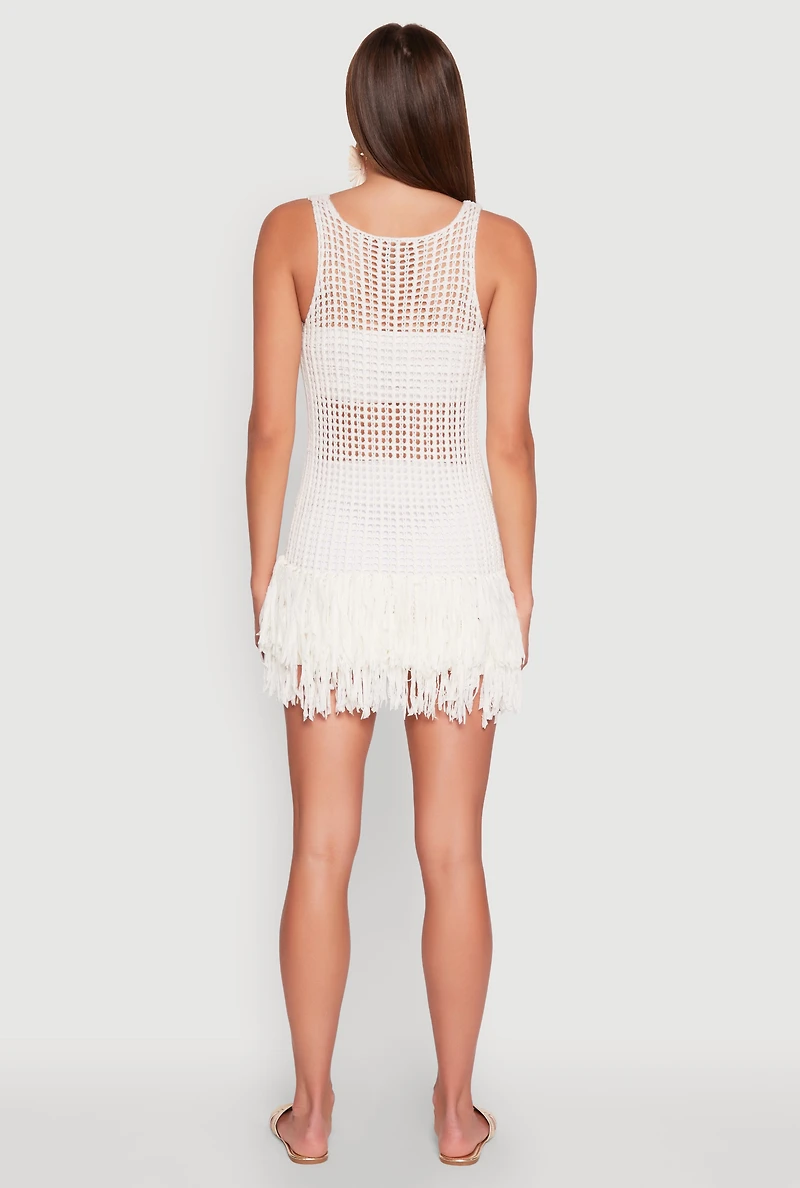 Womens Crochet Fringe Sleeveless Top, White, Size M