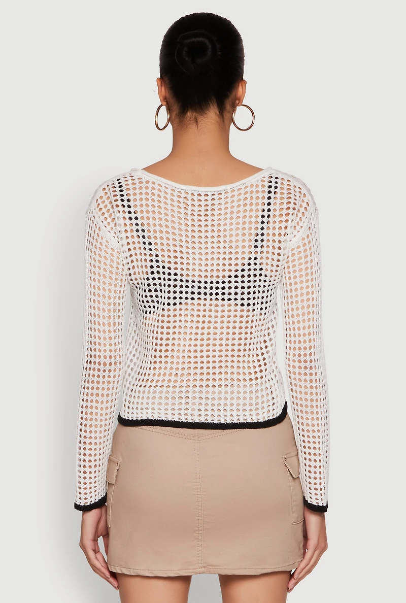 Womens 87 Crochet Long Sleeve Top, White, Size XL
