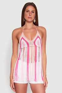 Womens Crochet Striped Fringe Halter Top, Pink, Size M