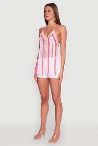 Womens Crochet Striped Fringe Halter Top, Pink, Size M