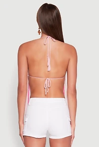 Womens Crochet Striped Fringe Halter Top, Pink, Size M