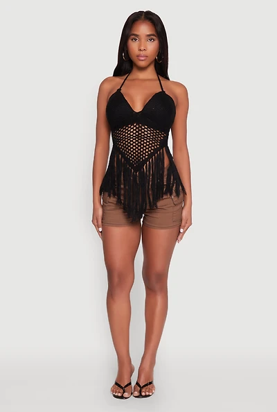 Tie Back Crochet Fringe Halter Top