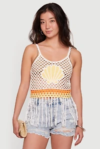 Seashell Graphic Fringe Hem Crochet Crop Top