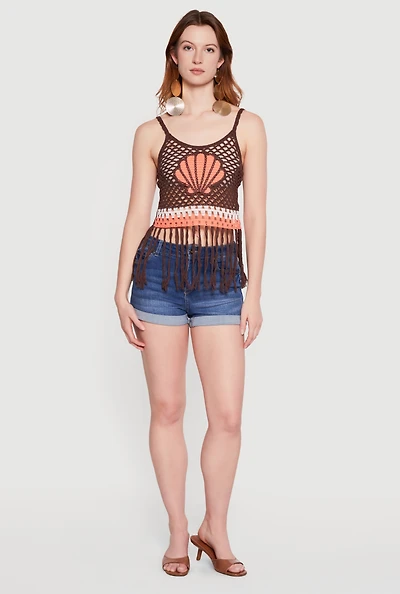 Seashell Graphic Fringe Hem Crochet Crop Top