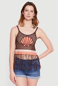 Seashell Graphic Fringe Hem Crochet Crop Top