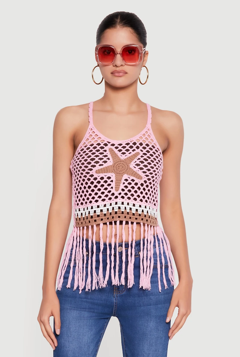 Starfish Graphic Fringe Hem Crochet Crop Top