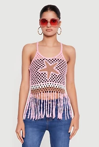 Starfish Graphic Fringe Hem Crochet Crop Top