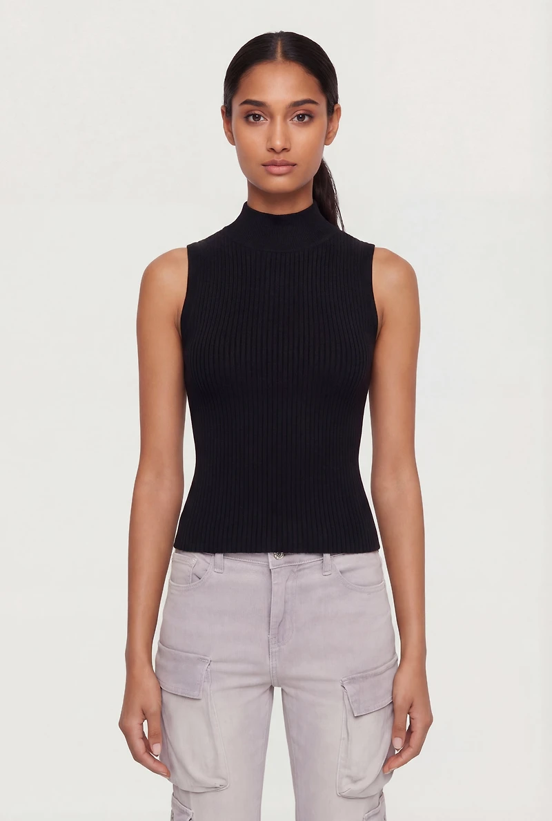 Ribbed Knit Sleeveless Mock Neck Top