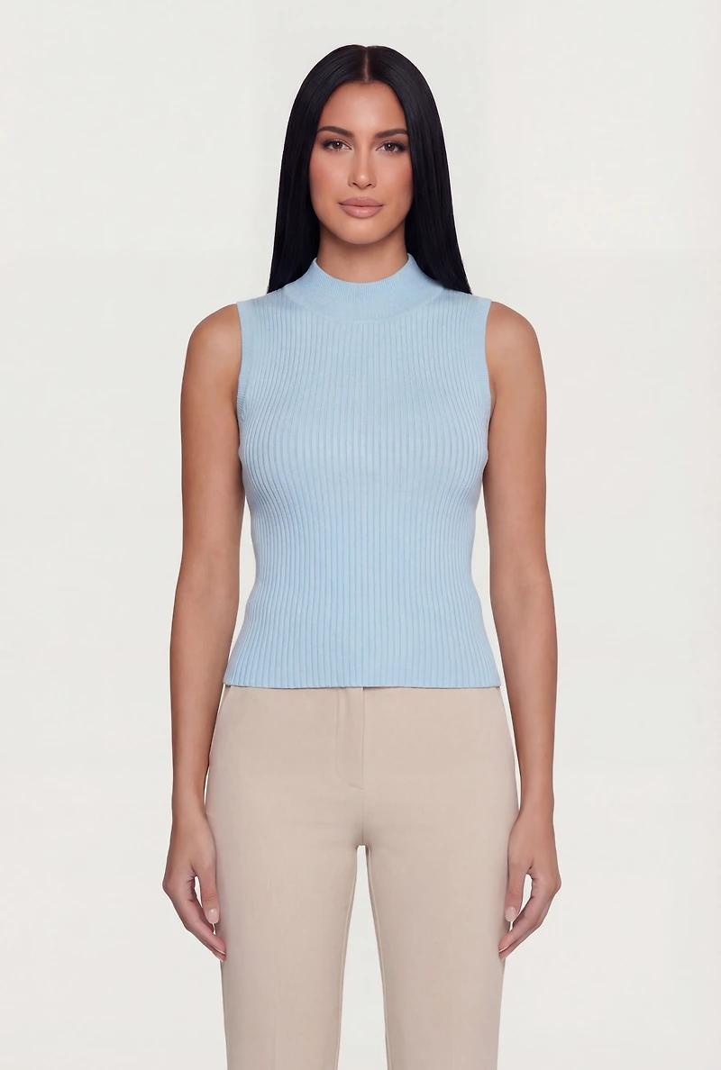 Ribbed Knit Sleeveless Mock Neck Top