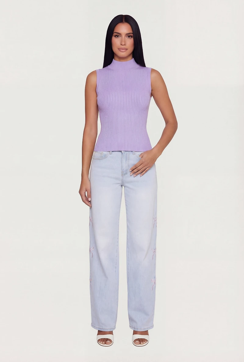 Ribbed Knit Sleeveless Mock Neck Top