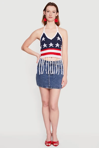 American Flag Fringe Hem Tie Back Halter Top