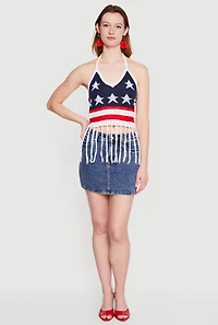 American Flag Fringe Hem Tie Back Halter Top