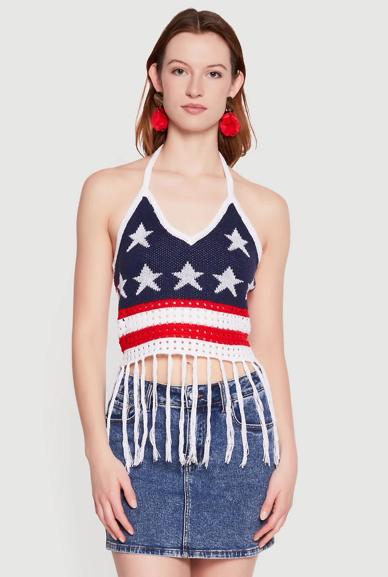 American Flag Fringe Hem Tie Back Halter Top