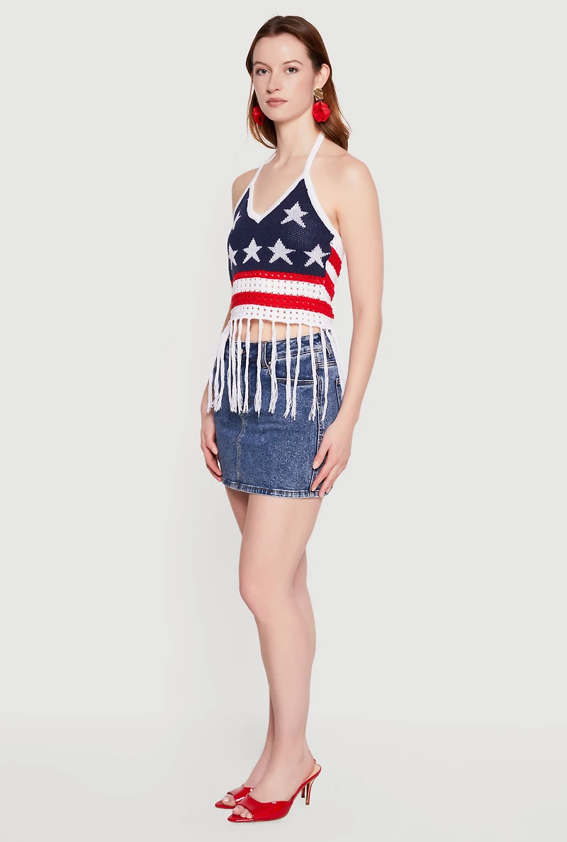 American Flag Fringe Hem Tie Back Halter Top