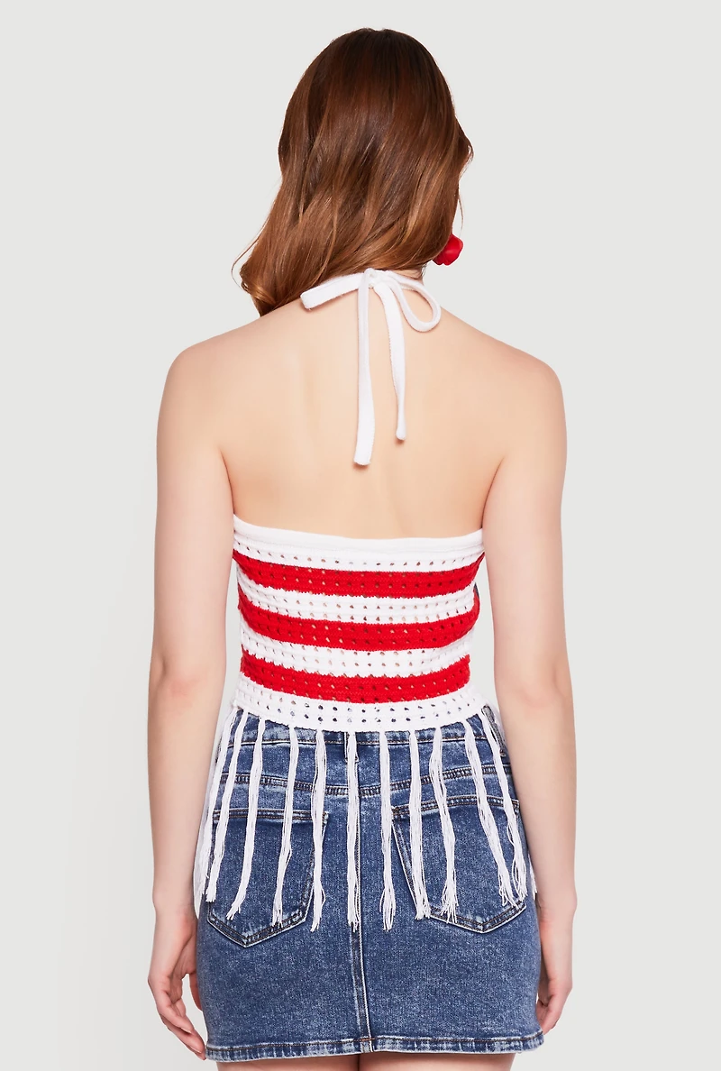 American Flag Fringe Hem Tie Back Halter Top