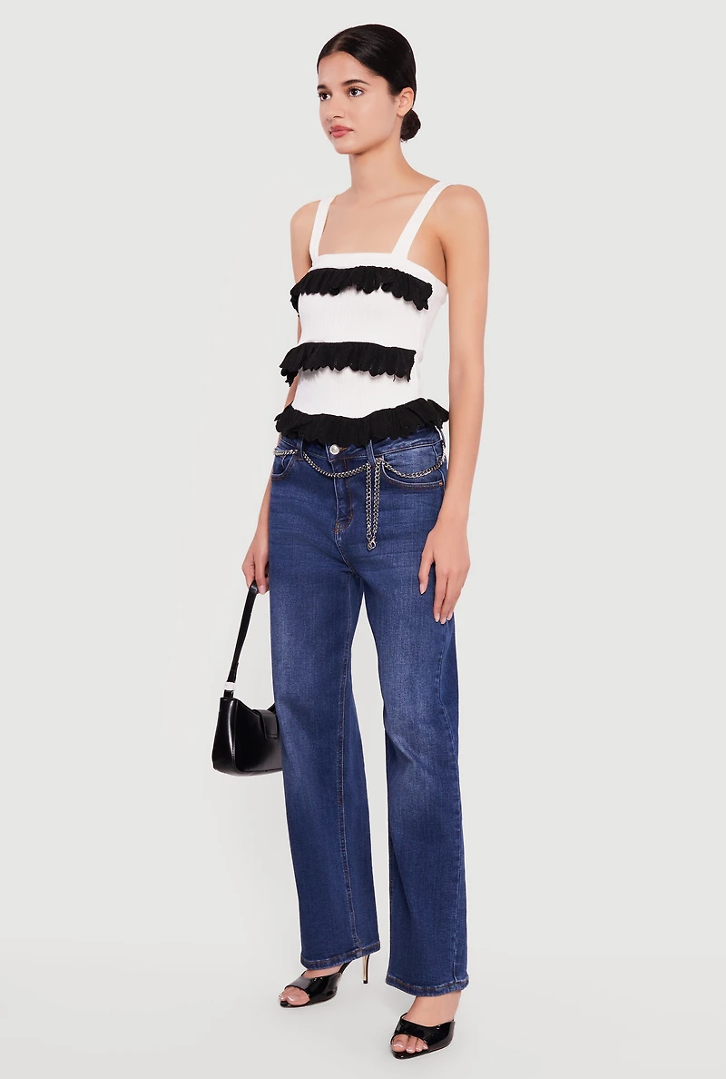 Contrast Ruffle Trim Rib Knit Blouse