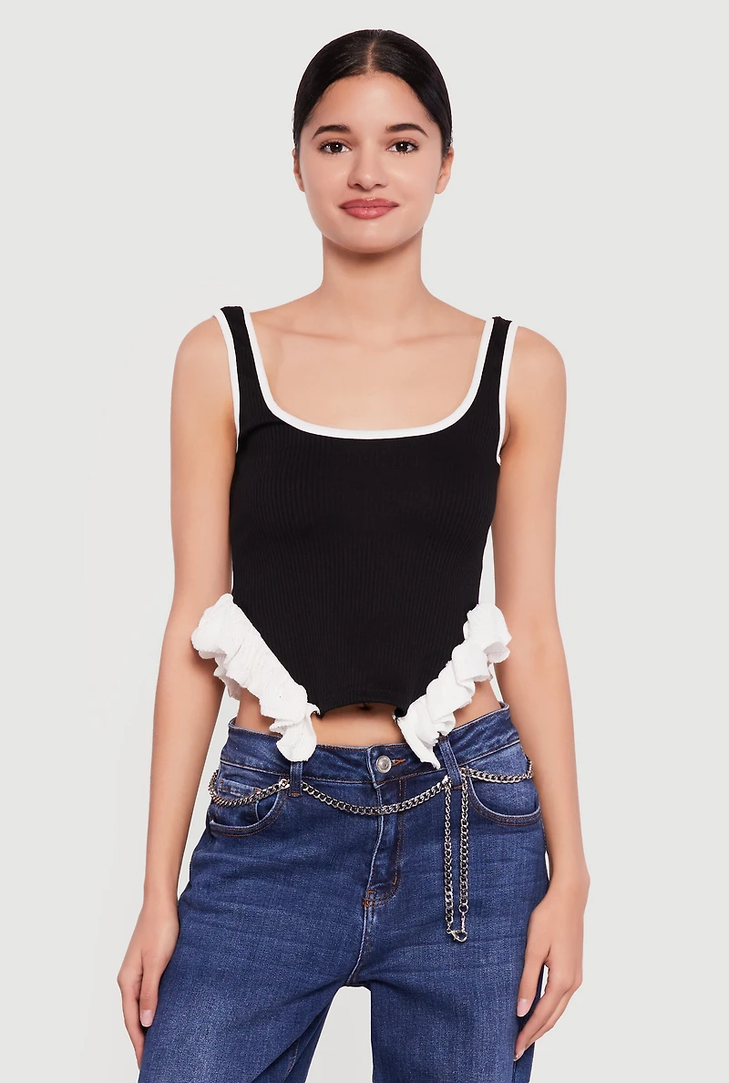 Contrast Ruffle Trim Rib Knit Crop Top