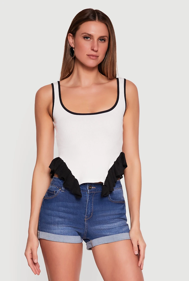 Contrast Ruffle Trim Rib Knit Crop Top