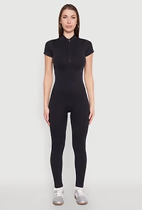 Womens Seamless Half Zip Catsuit, Black, Size L-XL