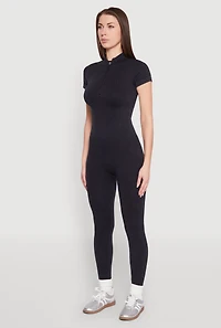 Womens Seamless Half Zip Catsuit, Black, Size L-XL