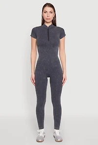 Womens Seamless Half Zip Catsuit, Grey, Size S-M