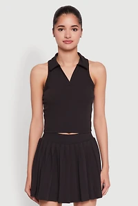 Womens Sleeveless Polo Collar Crop Top, Black, Size XL