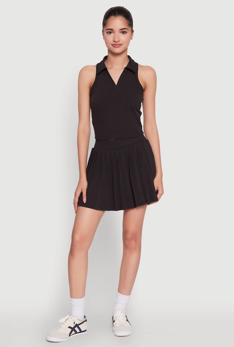 Womens Sleeveless Polo Collar Crop Top, Black, Size L