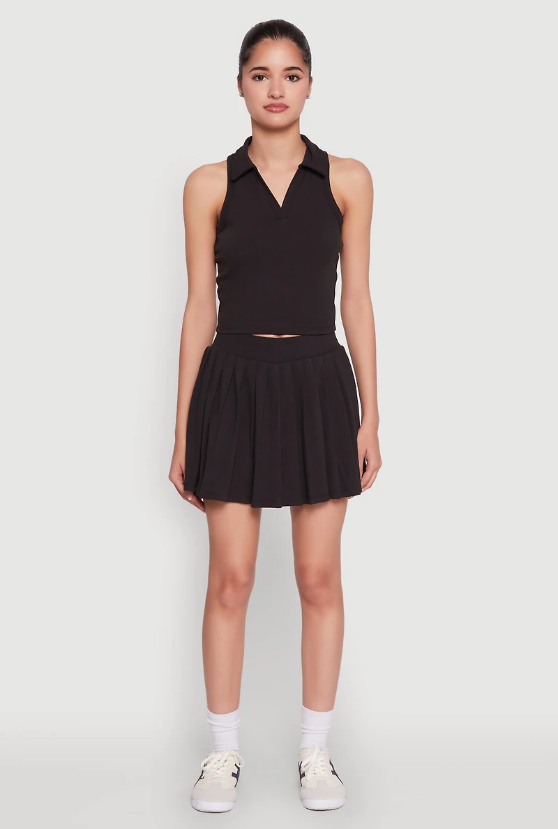 Womens Sleeveless Polo Collar Crop Top, Black, Size L