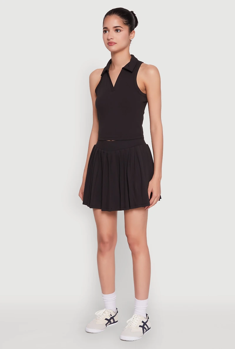 Womens Sleeveless Polo Collar Crop Top, Black, Size L