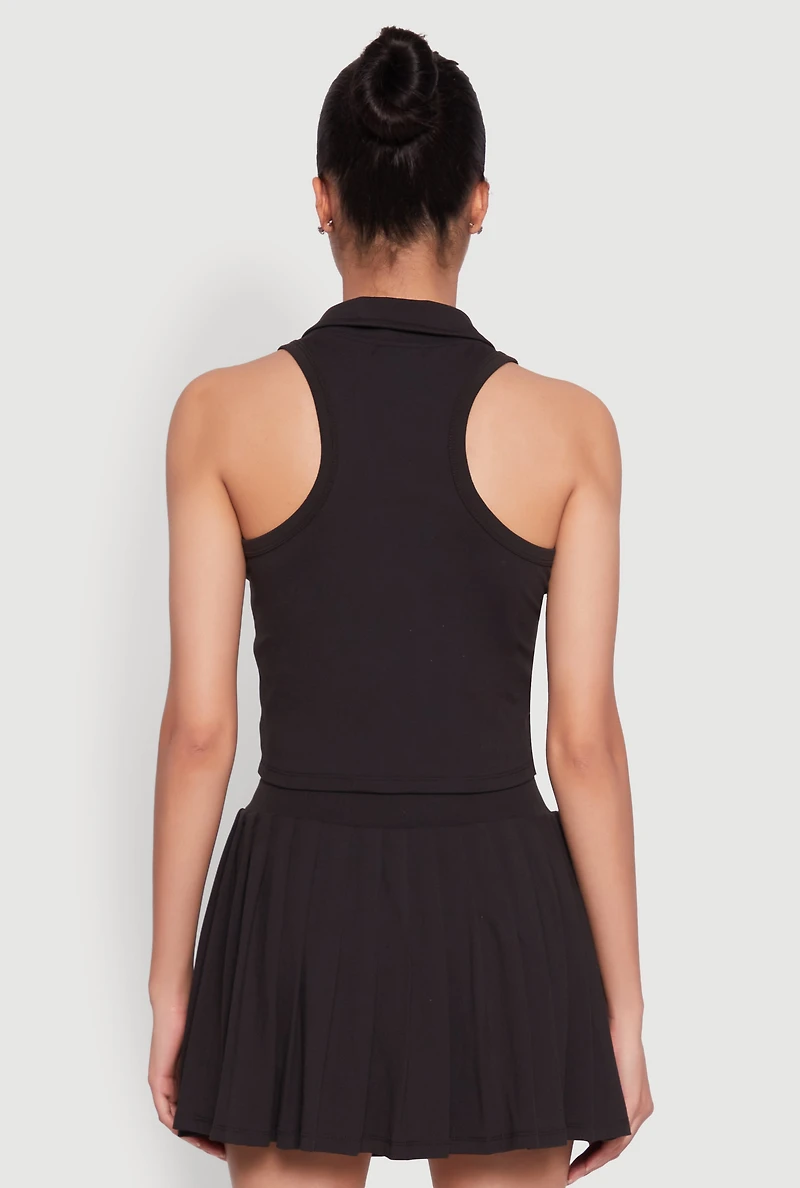 Womens Sleeveless Polo Collar Crop Top, Black, Size L