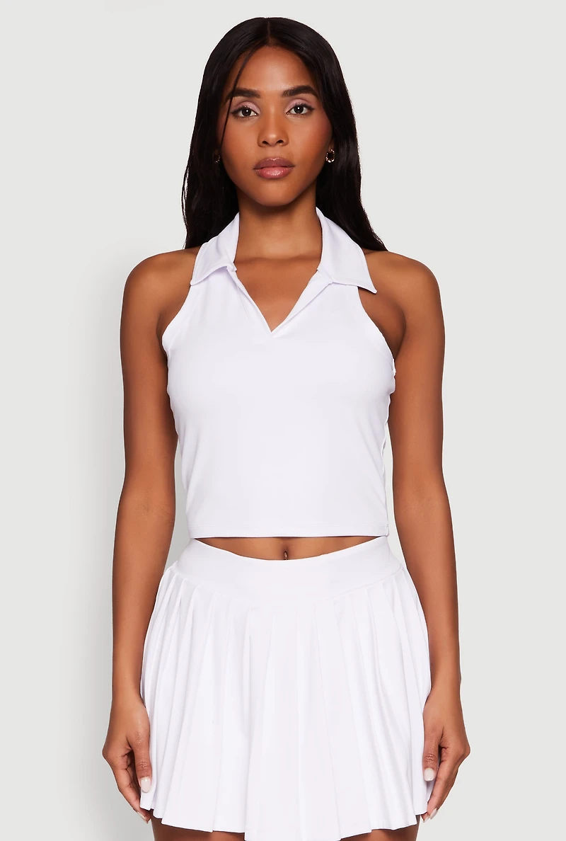 Womens Sleeveless Polo Collar Crop Top, White, Size L