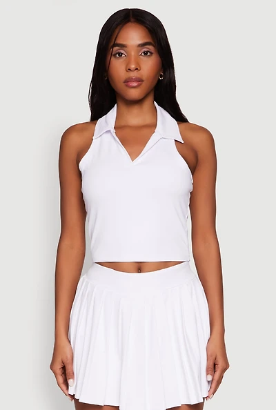 Womens Sleeveless Polo Collar Crop Top, White, Size L