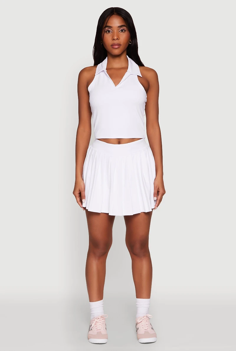 Womens Sleeveless Polo Collar Crop Top, White, Size L