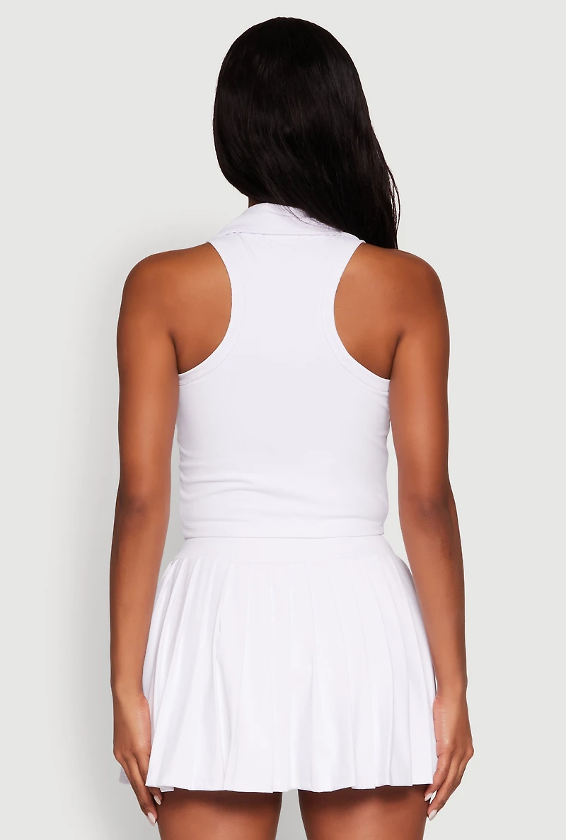 Womens Sleeveless Polo Collar Crop Top, White, Size L