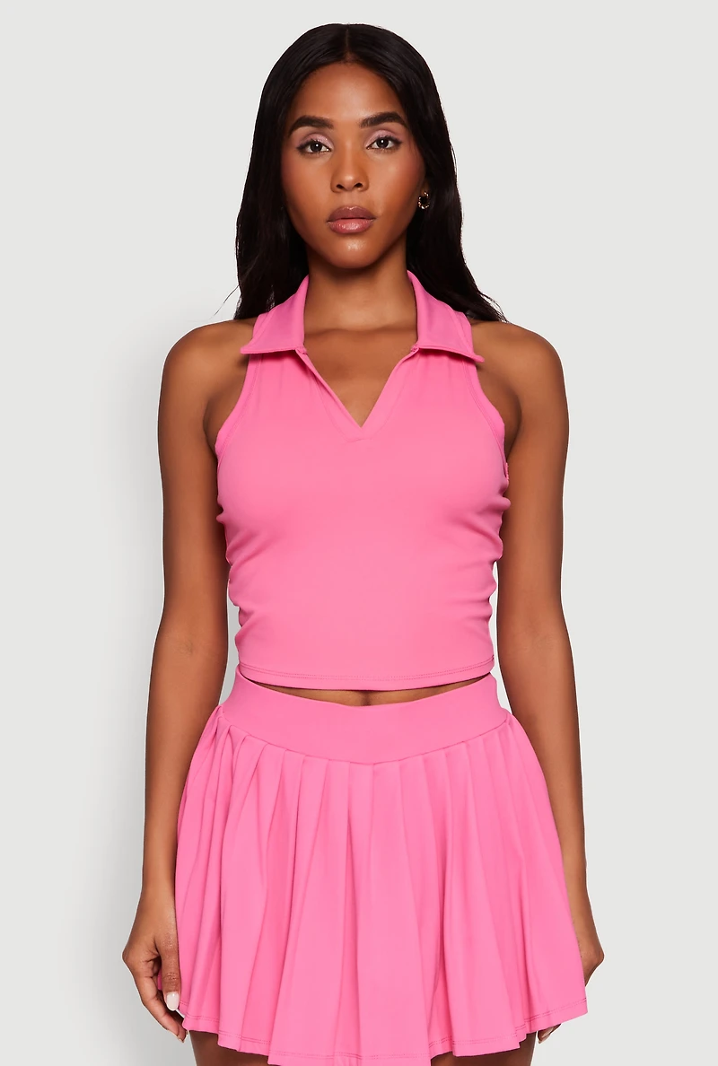 Womens Sleeveless Polo Collar Crop Top, Pink, Size XL