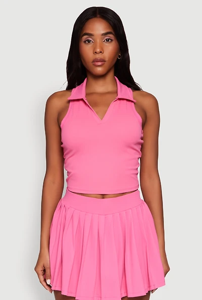 Womens Sleeveless Polo Collar Crop Top, Pink, Size XL