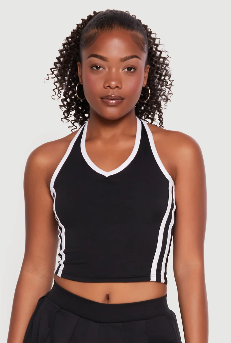 Sleeveless Halter Crop Top with Varsity Stripe Detail