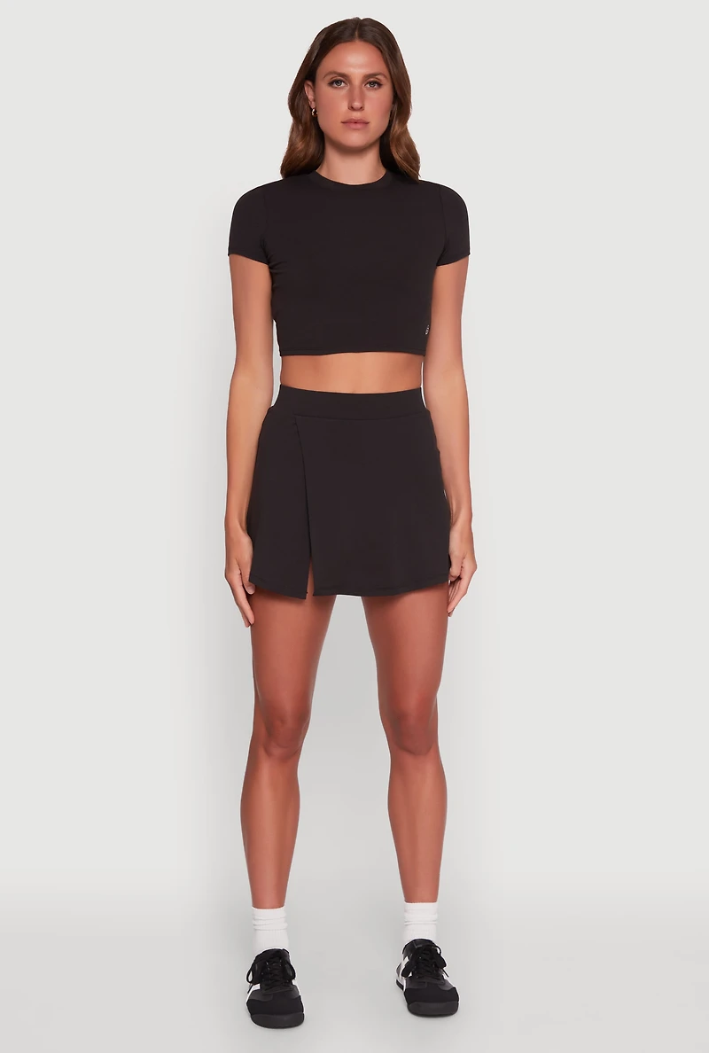 Womens Cut Out Back Crew Neck Crop Top, Black,
