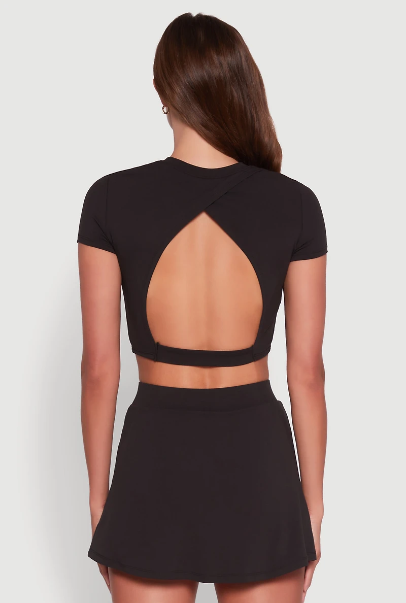 Womens Cut Out Back Crew Neck Crop Top, Black,