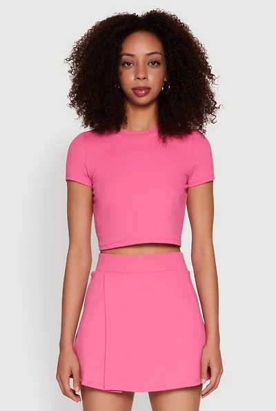 Womens Cut Out Back Crew Neck Crop Top, Pink, Size L