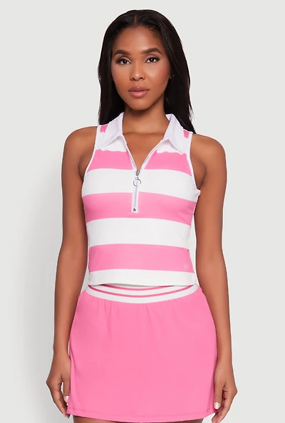 Womens Striped Quarter Zip Sleeveless Polo Shirt, Pink, Size M