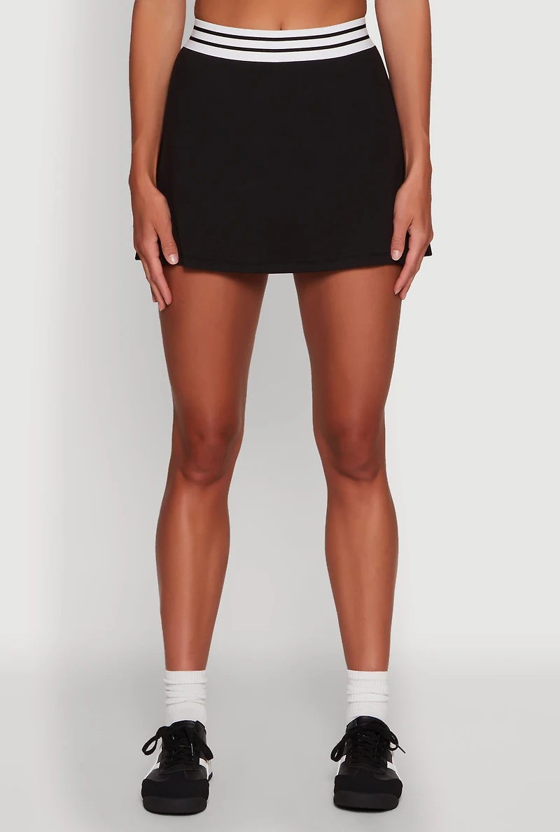 Womens Varsity Stripe Ball Pocket High Waisted Tennis Skirt, Black, Size L