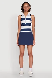 Womens Varsity Stripe Ball Pocket High Waisted Tennis Skirt, Blue, Size L