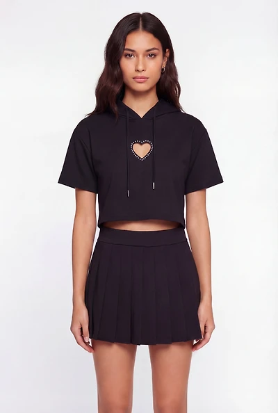 Heart Cutout Detail Short Sleeve Cropped Hoodie