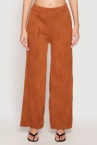 Womens Textured Knit Pull On Wide Leg Pants, Brown, Size L